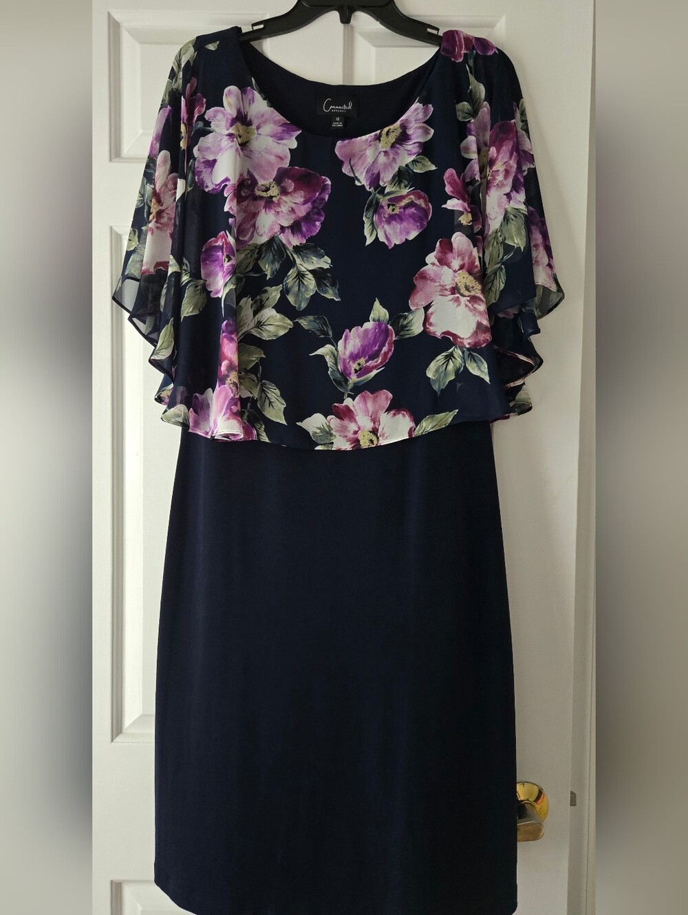 Connected Apparel Size 12 Navy Floral Overlay Midi Dress Summer Vacay Wedding - Picture 2 of 5